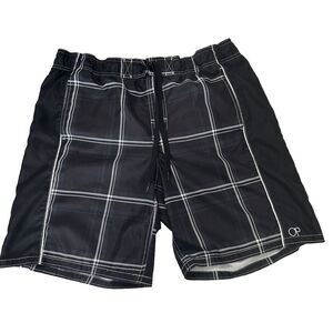 OP Board Shorts Swim Trunks Mens LG 36-38 Black/ Gy Plaid Drawstring Mesh Lined‎